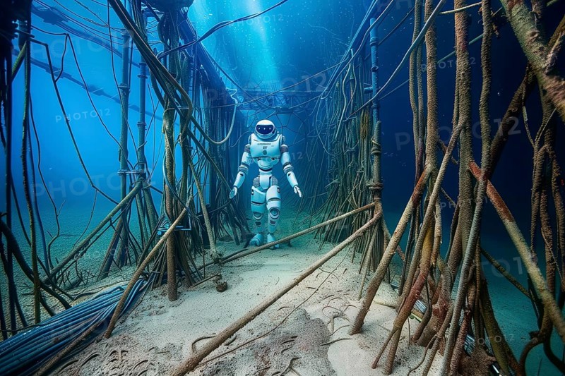 Futuristic humanoid robot inspecting a shipwreck underwater, AI generated