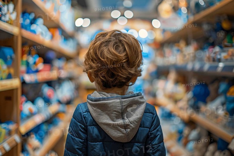 Back view of male boy child in toy shop full of stereotypical blue toys. Generative Ai, AI generated
