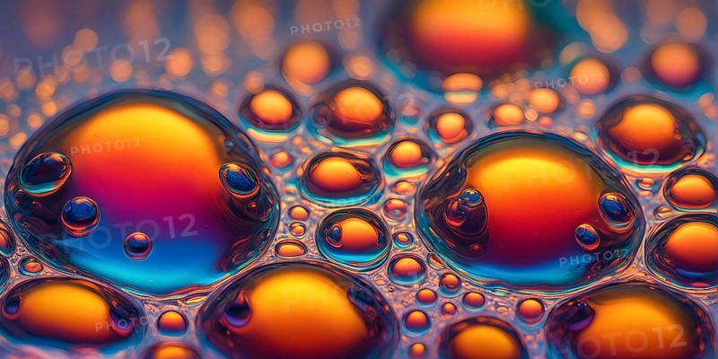 A cluster of iridescent vibrant oil bubbles floating on a water surface, AI generated