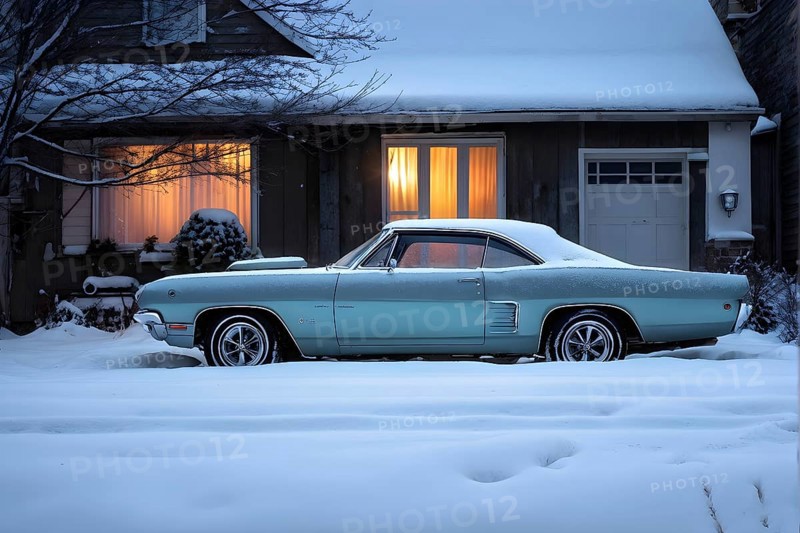 Classic 1960s muscle car, half-buried in snow in a forgotten backyard creating a sense of nostalgia and isolation, AI genrated, AI generated