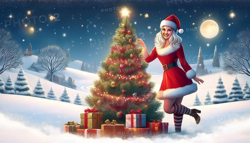 Illustration Christmas woman leaning against a Christmas tree with presents underneath in a snowy winter landscape at night, AI-generated image, AI generated
