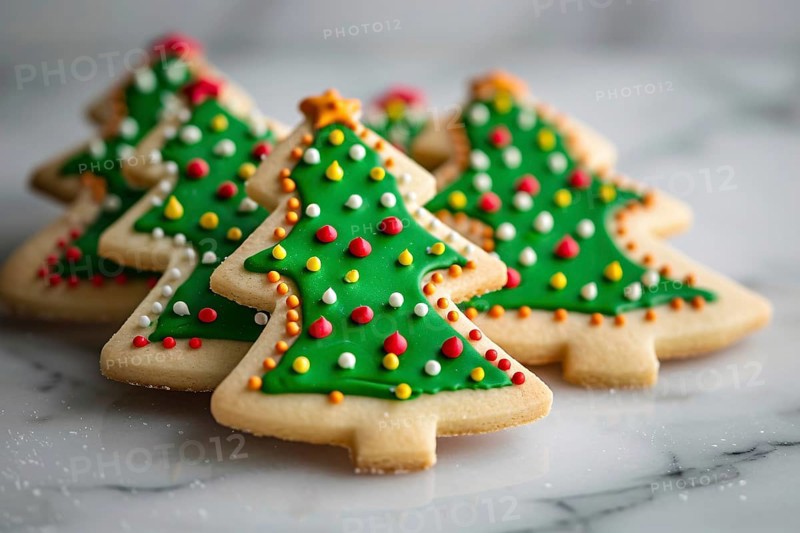 Cute christmas tree cookies with colorful icing. Generative Ai, AI generated