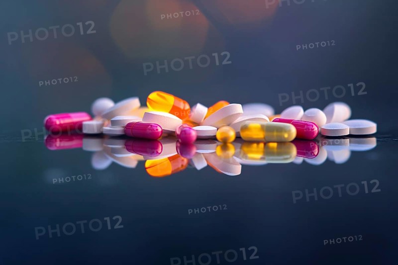 Many colorful medical pills and capsules on blue background. Generative AI, AI generated