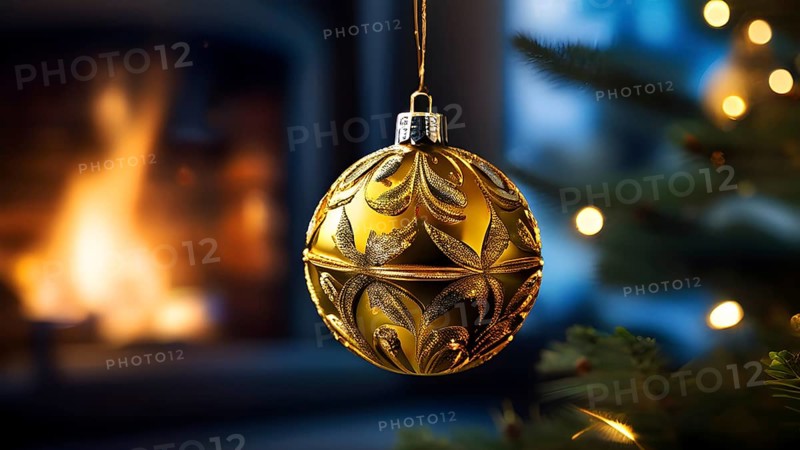 Christmas ornament hanging on a tree, with reflections of twinkling lights and fireplace flames flickering in the background, AI generated