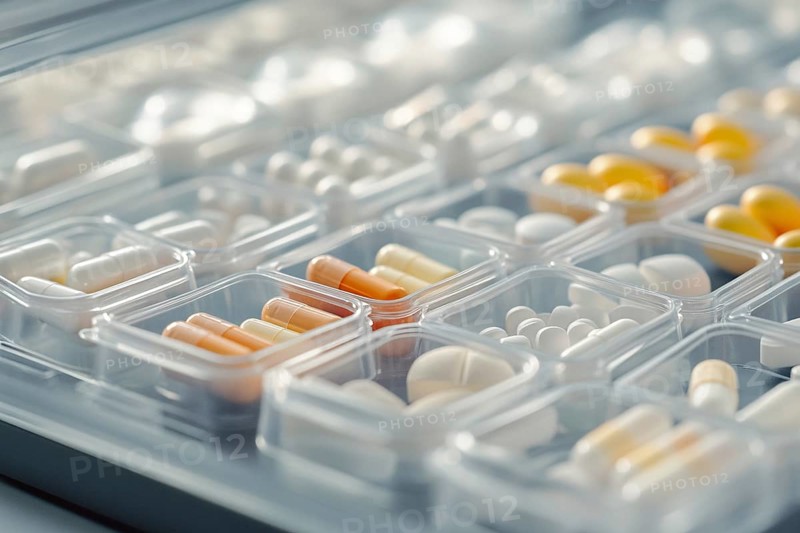 Boxes with many different medical pills in hospital. Generative Ai, AI generated
