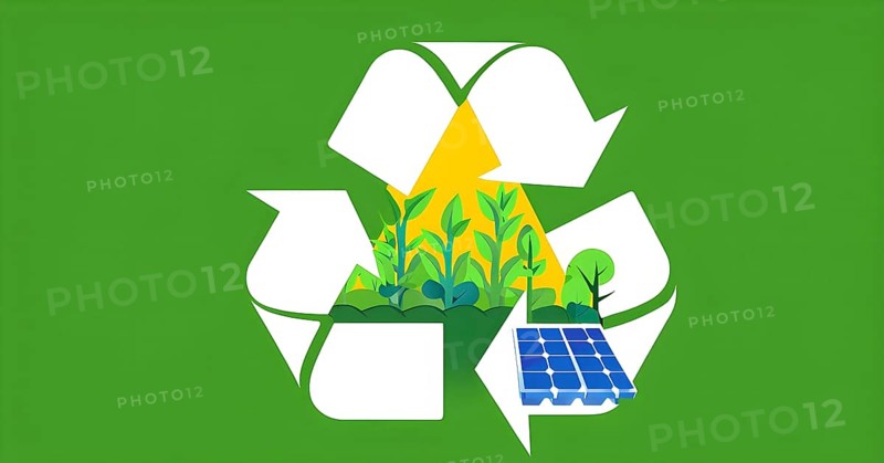 Recycling symbol morphing into growing plants and solar cells to symbolize the transformation of waste into renewable resources, AI generated
