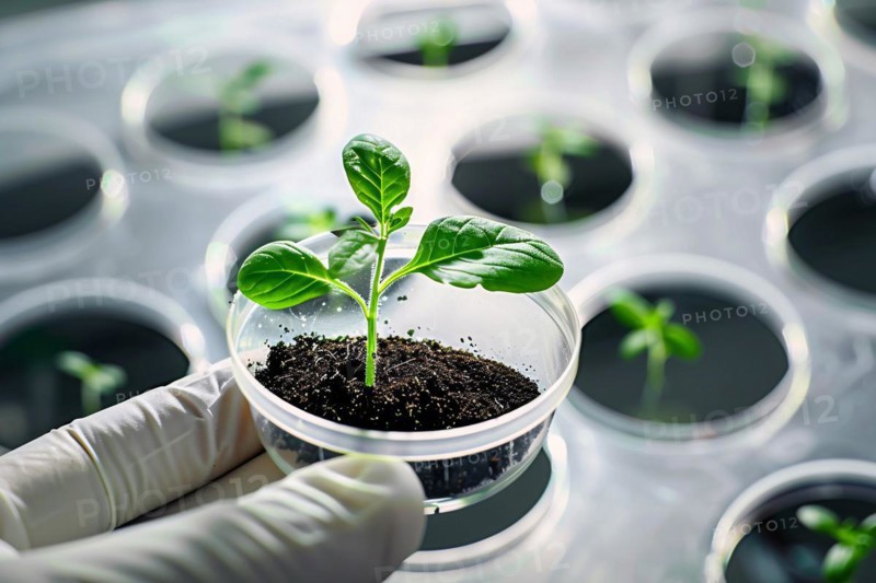 Small plant seedling in research lab. Concept for biotechnology and genetic modification. KI generiert, generiert, AI generated