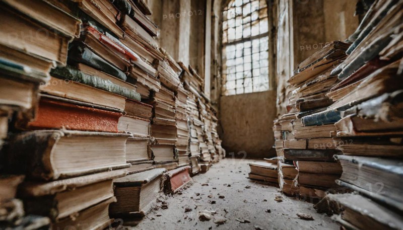 Lots of old books in a dilapidated monastery, antiquarian bookshop, AI-generated, AI-generated, AI generated