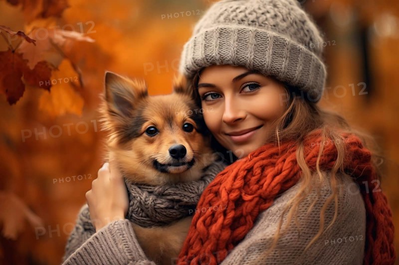 Woman with knitted hat and scarf hugging her pet dog in autumn forest. KI generiert, generiert AI generated