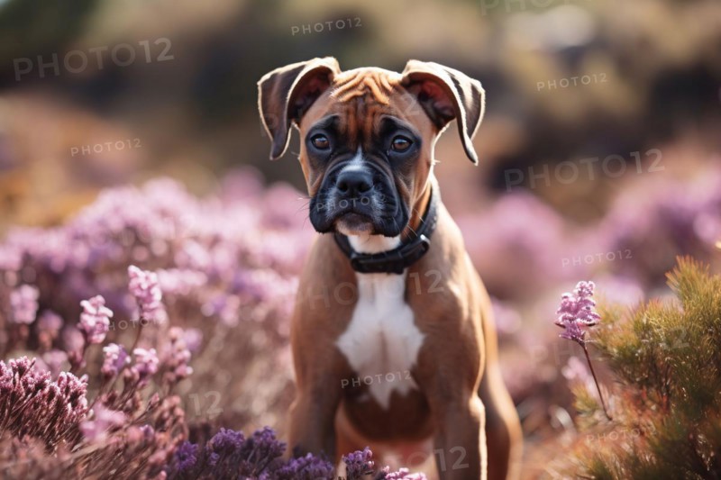 Boxer dog in field of purple heather flowers. KI generiert, generiert, AI generated