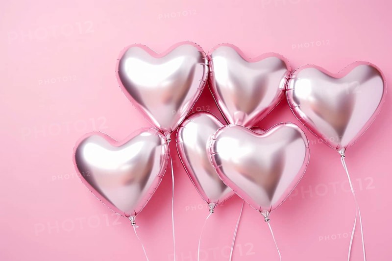 Pink Valentine's day heart shaped foil party balloons on pink background. KI generiert, generiert AI generated
