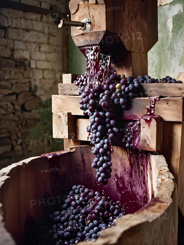 Grape cluster, vine, grape, cluster, close up, detail, traditional, wine press, AI generated