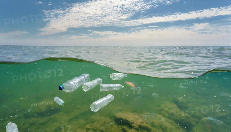 Symbolism, waste problem, empty plastic bottles floating on the sea, AI-generated, AI-generated, AI generated