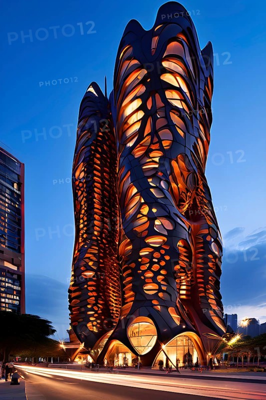 Futuristic skyscraper with termite mounds for natural ventilation and energy efficiency, AI generated