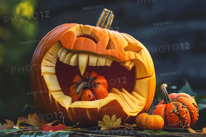 Carved Halloween pumpkin with spooky face and open mouth eating a small pumpkin. Genertaive AI, AI generated