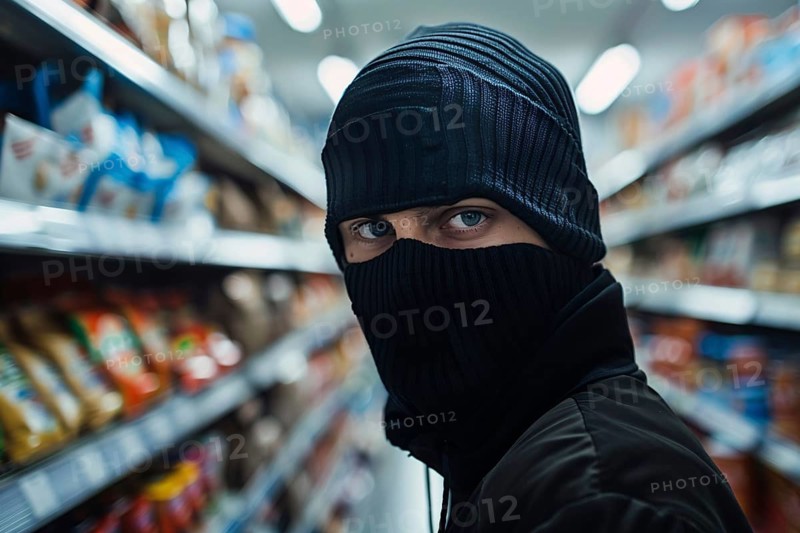 Close up of man with face covered by black ski mask. Generative Ai, AI generated