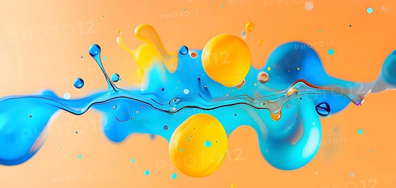 Abstract wallpaper with colorful turquoise and yellow blobs and liquid shapes on a orange background, AI generated