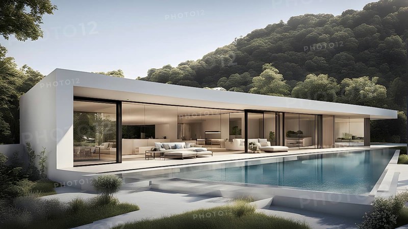 3d render of a modern sustainable house with a swimming pool, AI generated
