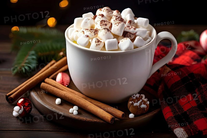 A close-up of a steaming cup of hot cocoa topped with marshmallows, surrounded by cinnamon sticks, candy canes, and a plaid blanket, evoking a warm, festive feel, AI generated