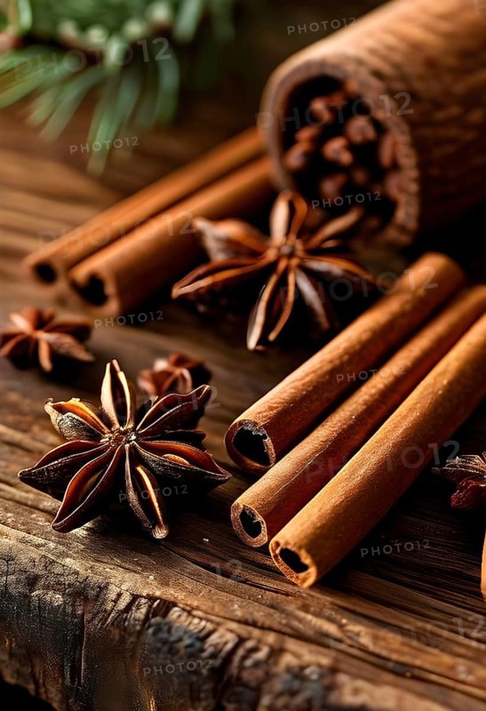 Christmas spices like cinnamon sticks, star anise, and cloves arranged on a wooden table, with soft ambient lighting evoking warmth and coziness, AI generated