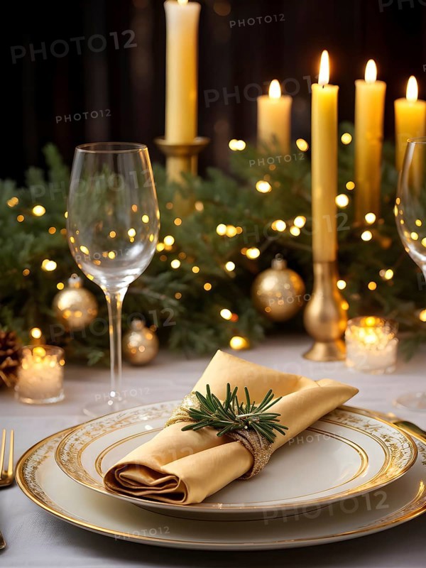 Beautifully decorated Christmas table setting with a golden napkin ring, sparkling cutlery, and a sprig of rosemary, set against a background of softly glowing candlelight, AI generated