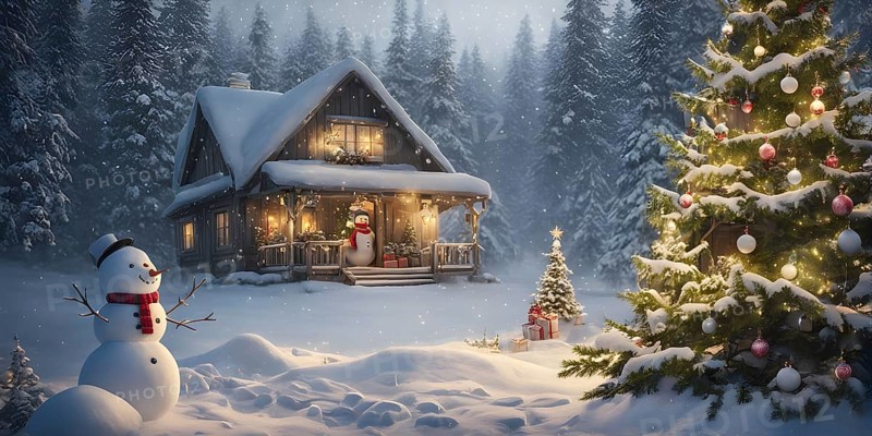 Peaceful and serene Christmas scene with a decorated Christmas tree with gifts presents and a cute snowman in a snowy forest, AI generated