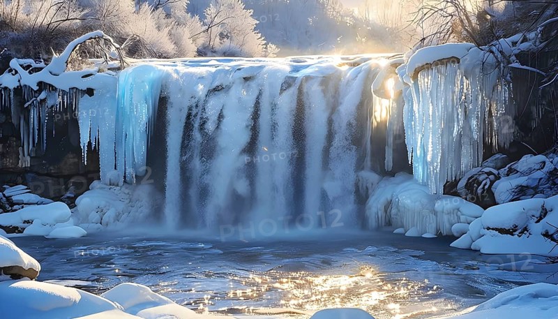 Winter landscape of a frozen waterfall, surrounded by icicles and snow-covered rocks, with the sunlight reflecting off the ice to create a sparkling effect, AI generated