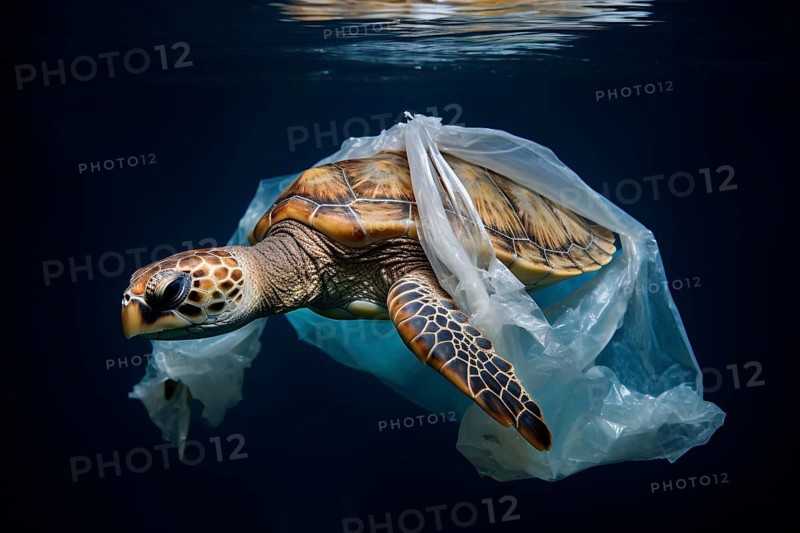 Plastic pollution of ocean concept with sea turted caught in plastic bag. KI generiert, generiert AI generated