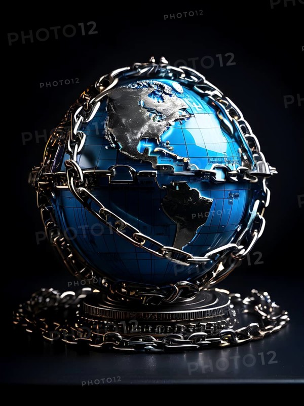 AI generated conceptual digital render showing a globe ensnared and locked by rusting steel chains