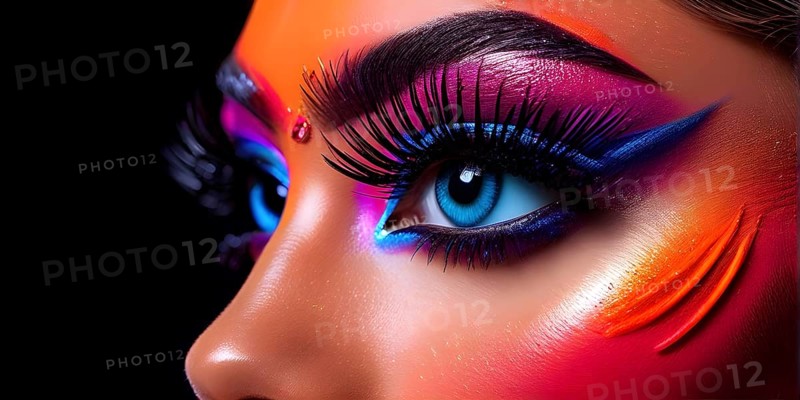 Close up portrait of an intricate eye makeup with vividly colored eyelids, AI generated