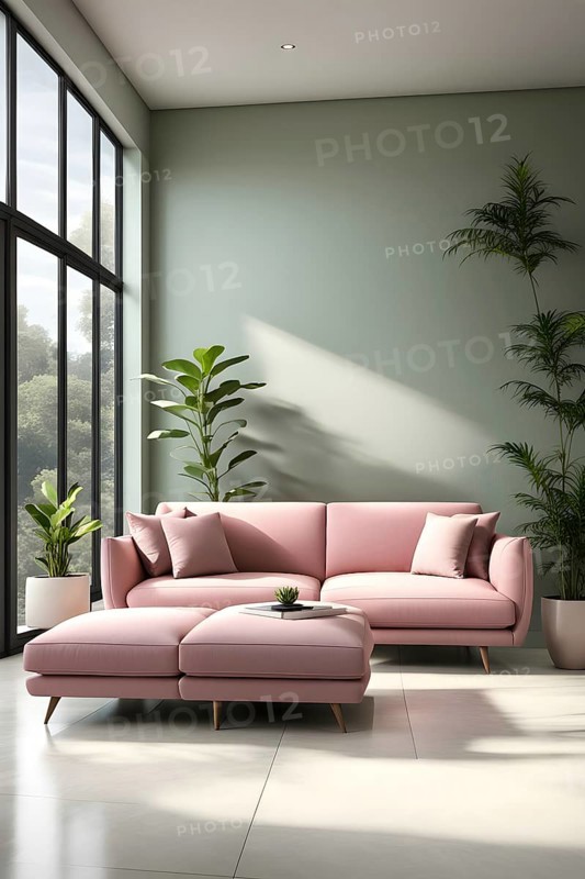 Minimalist living room with clean lines and neutral tones, featuring a modern pink colored sofa, AI generated