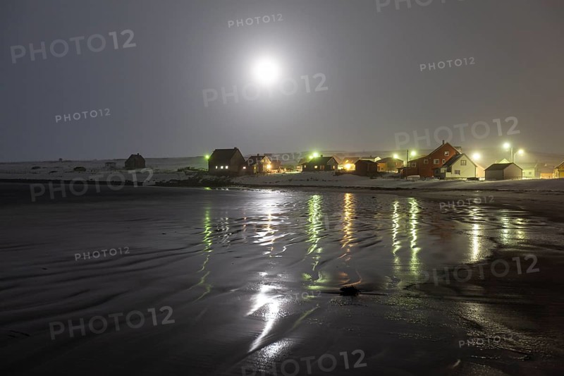 Full moon, moonlight, village, houses, snow, sea, coast, winter, Ekkeroy, Varanger Peninsula, Norway, Europe