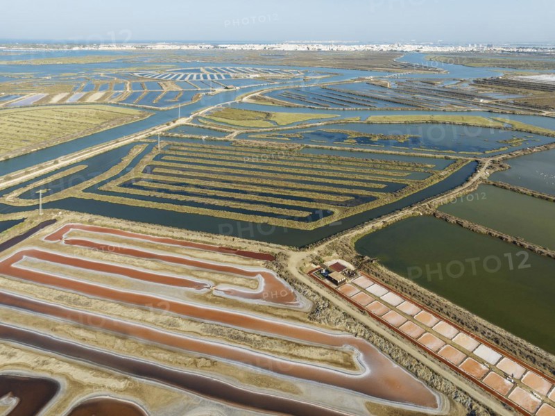 Saline ponds at the salt works near Chiclana de la Frontera. The orange-red colour depends on the level of salinity and is directly caused by the algae Dunaliella salina and brine shrimp. Aerial view. Drone shot. Bahía de Cádiz Nature Reserve, Cádiz province, Andalusia, Spain, Europe