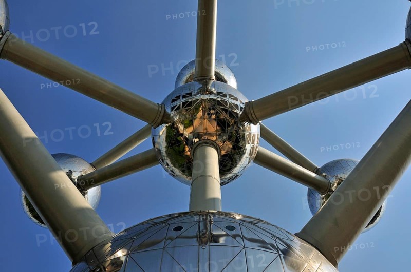 Atomium, built in 1958 for the World Exhibition, uses nine atoms to represent the body-centred cubic elementary cell of an iron crystal structure magnified 165 billion times, Brussels, Belgium, Europe