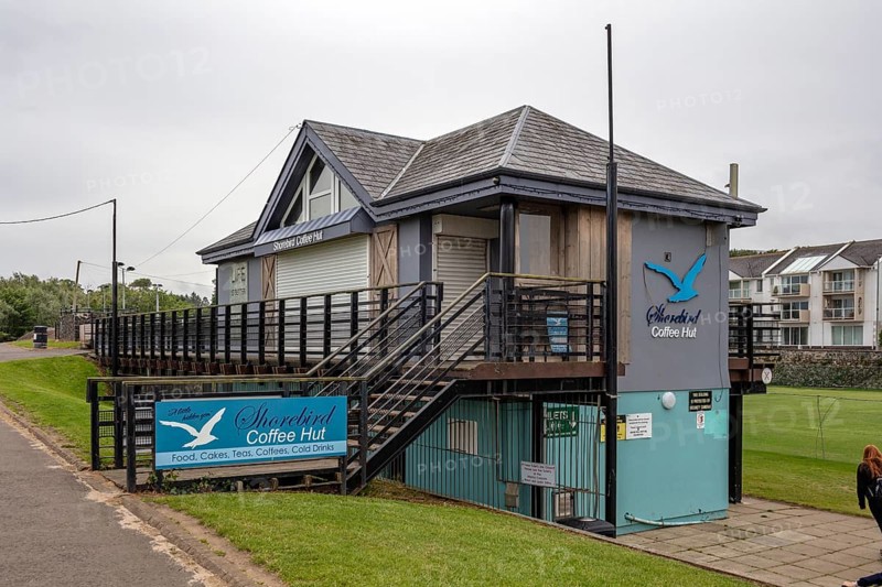 An enclosed café with a wooden façade and staircase, decorated with an image of a seagull, Ballycastle