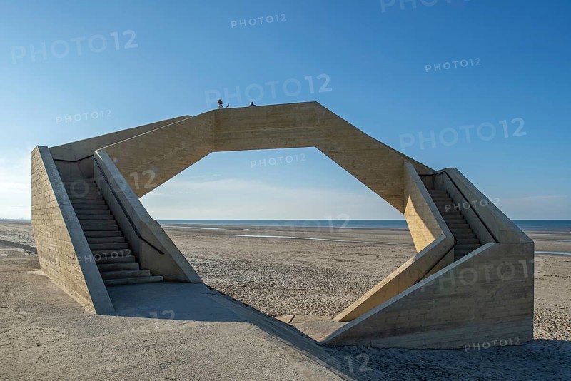 Westerpunt, concrete sculpture on beach along the North Sea coast at seaside resort De Panne, West-Flanders, Belgium, Europe