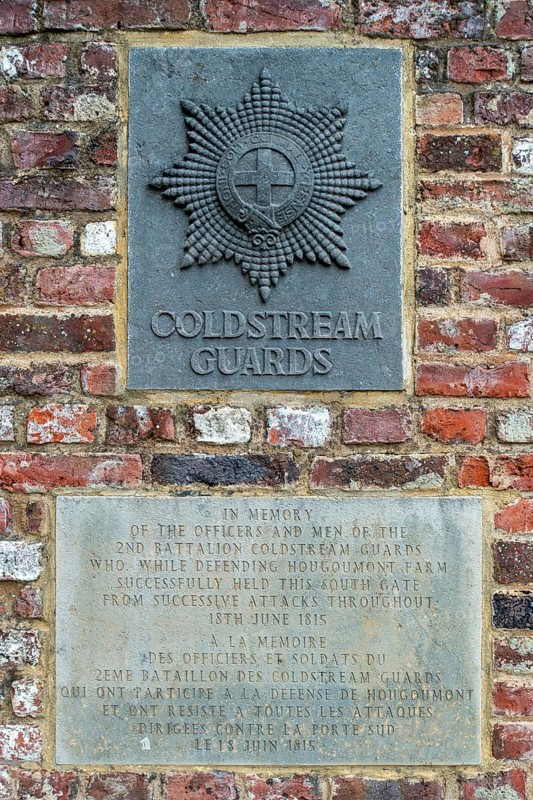 Commemorative plaque for British 2nd Battalion, Coldstream Guards defending Château d'Hougoumont in 1815 Battle of Waterloo, Braine-l'Alleud, Belgium, Europe