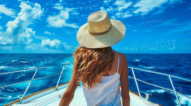 Young beautiful lady in a hat standing on yacht during luxury cruise and looking at azure ocean, AI generated