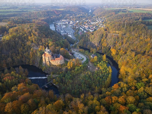 Kriebstein Castle on the river Zschopau View of Kriebethal and WEPA Deutschland GmbH & Co. KG, Kriebstein, aerial view of Kriebstein Castle, Kriebstein, Saxony, Germany, Europe