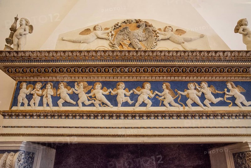 Mantelpiece with angel figures in Palazzo Ducale, Unesco world heritage site Urbino, Urbino and Pesaro district, Urbino, Marche, Italy, Europe