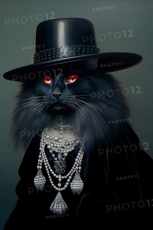 Black long-haired Angora Cat dressed in a sumptuous black attire and wearing a hat, AI generated
