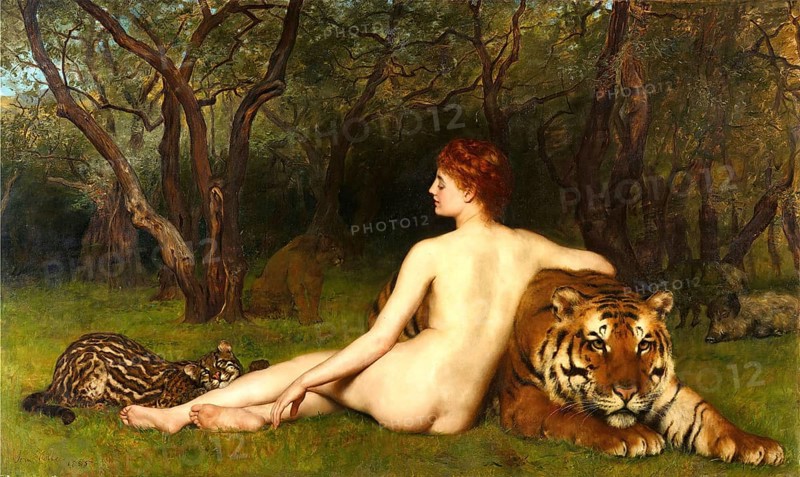 A naked woman sits relaxed next to a tiger in a green forest landscape. Circe, Zirce or Kirke, a sorceress of Greek mythology, with tiger, Painting by John Maler Collier (28 January 1850, 11 April 1934), British writer and painter, Historical, digitally restored reproduction from a 19th century original, Record date not stated