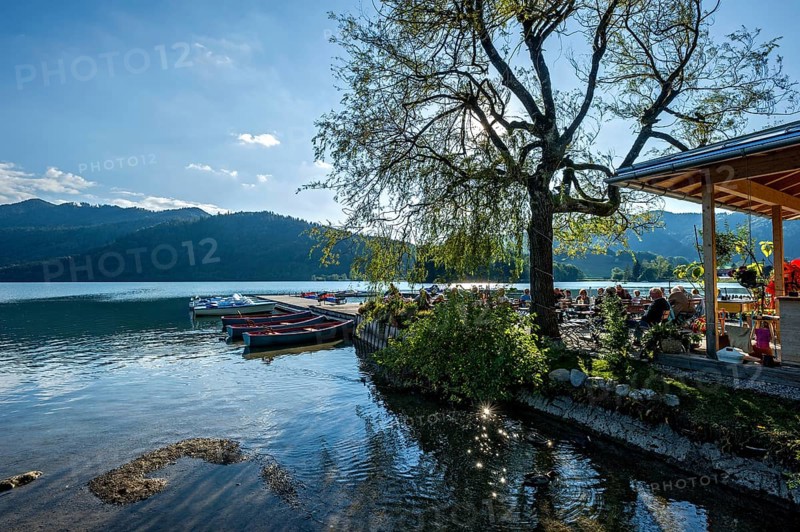 Boats at jetty, boat hire and beer garden, shore of Schliersee, bright backlight, Markt Schliersee, Upper Bavaria, Bavaria, Germany, Europe