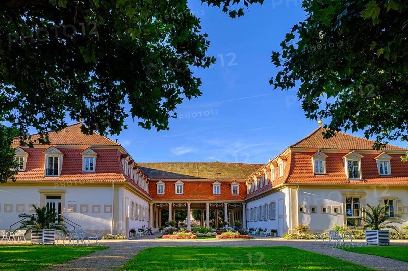 Spa hotel, fountain temple, spa gardens, Bad Bocklet, Biedermeier spa, Rhön, Lower Franconia, Bavaria, Germany, Europe