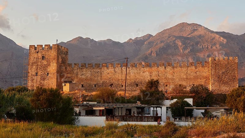 Evening light, Whole fortress, Mountains, Lefka Ori, Taverna, Reed grass, Reed, Frangokastello, Venetian fortress, Castle, Sfakia, West Crete, South coast, Island of Crete, Greece, Europe