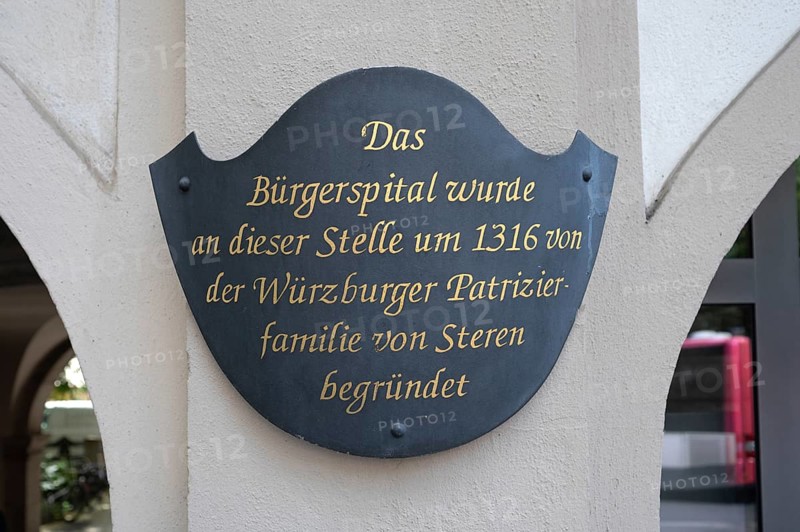 Information board at the historic Bürgerspital, Theaterstraße 19, Würzburg, Lower Franconia, Bavaria, Germany, Europe