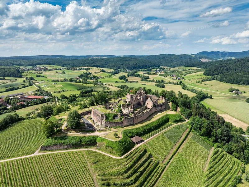 Aerial view of the ruins of Hochburg Castle, also known as Hachberg, 11th century, between Emmendingen, Sexau and Windenreute, second largest castle complex in Baden, administrative district of Freiburg, Black Forest, Baden-Württemberg, Germany, Europe