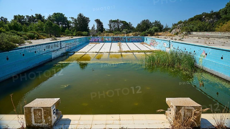 Abandoned swimming pool with graffiti and algae-filled water, surrounded by trees on a sunny day, Lost Place, Rotten swimming pool, Afandou, Rhodes, Dodecanese, Greek Islands, Greece, Europe