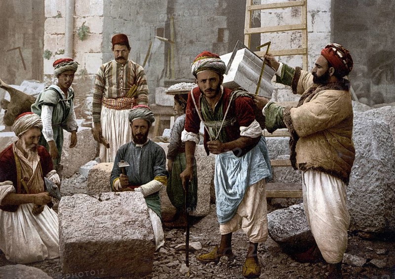 Stonemasons in Jerusalem, today Israel, Historical, digitally restored reproduction from a 19th century model, Record date not stated