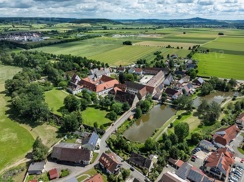 Aerial view of the village of Heiligkreuztal with the cathedral and the former Cistercian nunnery, district of Biberach, Upper Swabia, Baden-Württemberg, Germany, Europe